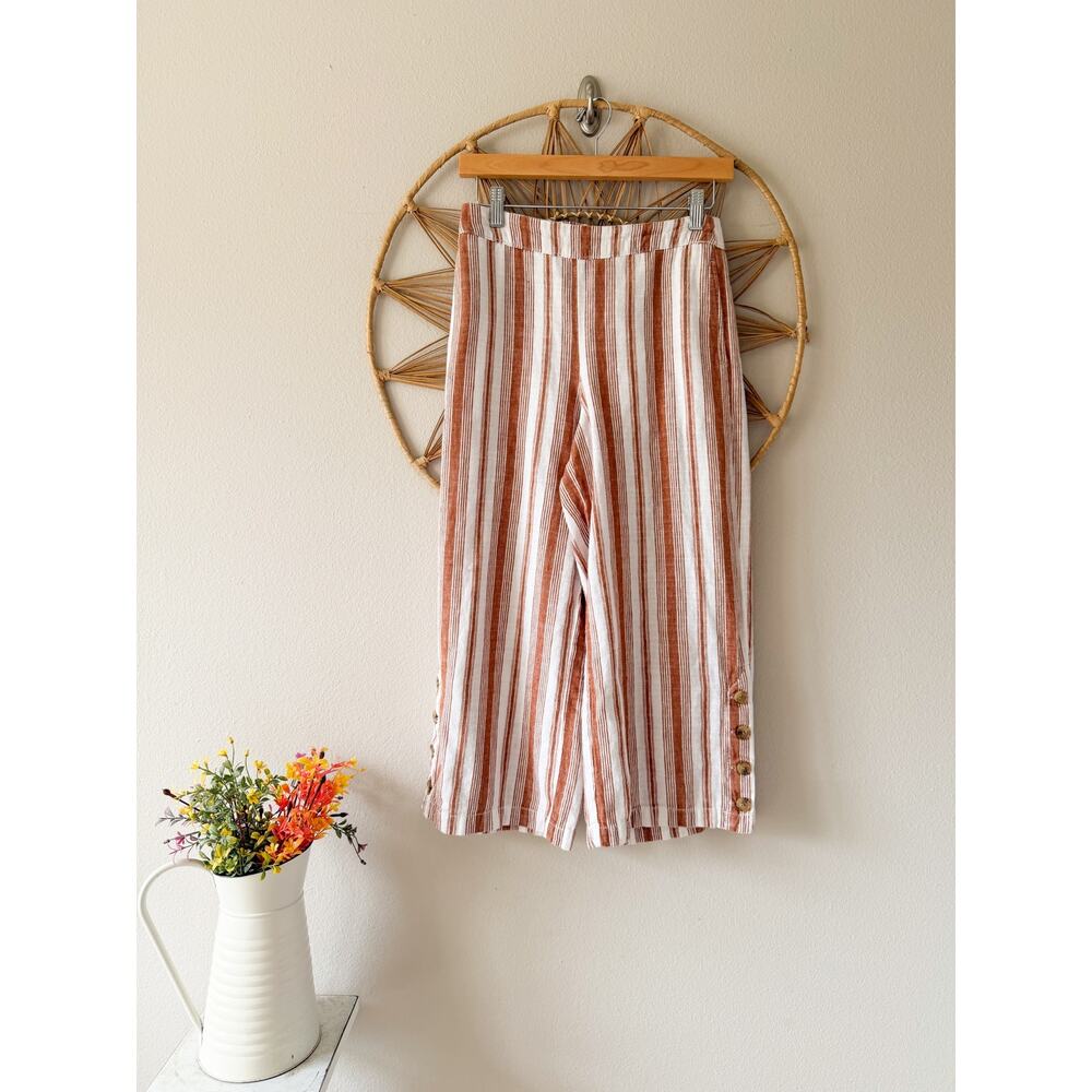Linen Blend High Rise Rust Orange Striped Linen Blend Capris Cropped Pants XS
